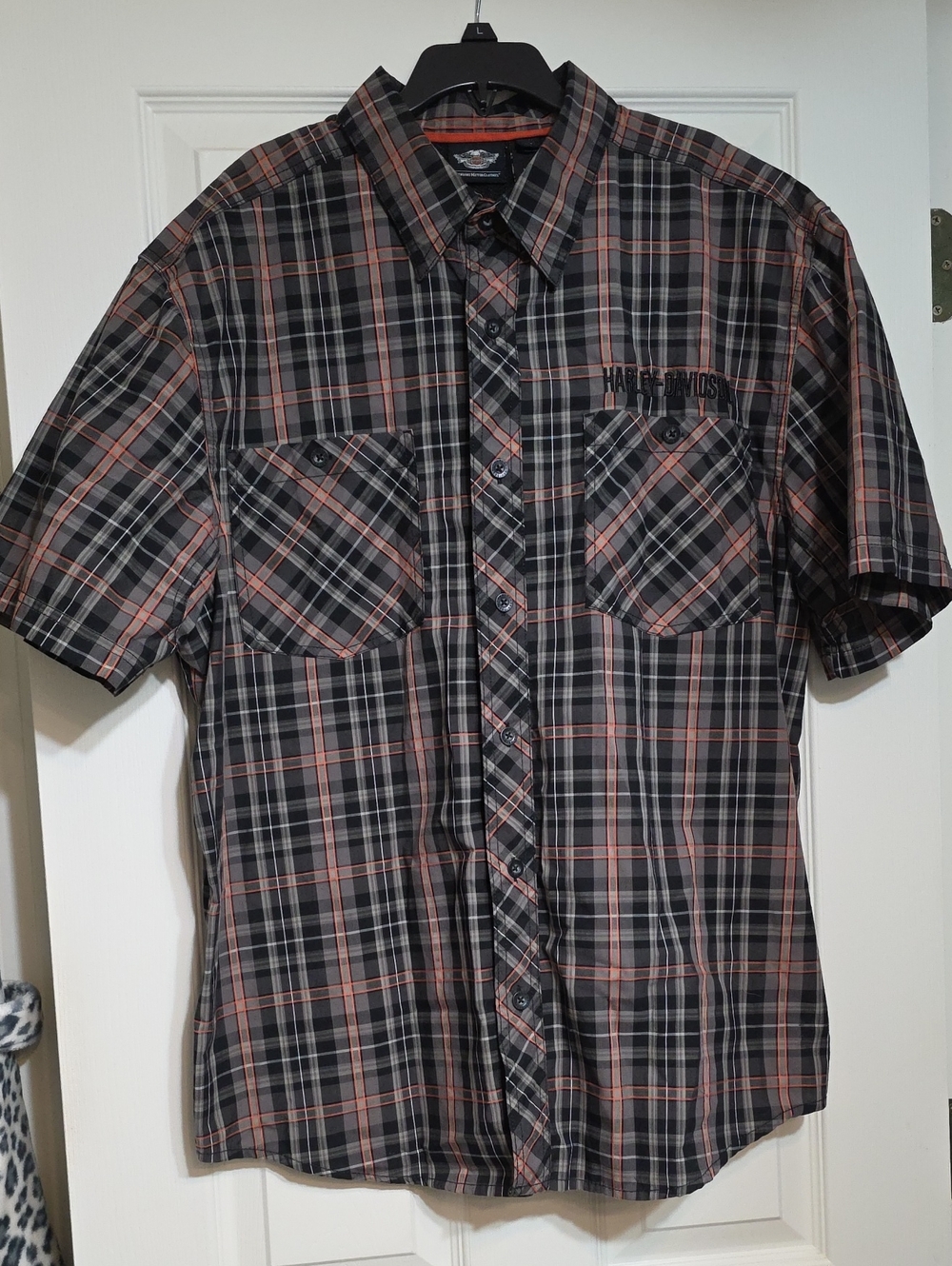 Harley-Davidson Black and Orange Plaid Short Sleeve Button-Down Shirt